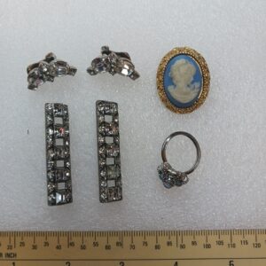 1 Vintage Diamond Cosmetic Brooch & Ring Lot old antique jewelry