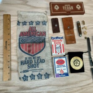Vintage Junk Drawer Lot – Pocket Knives, Playing Cards, Scout Badges, Razor & Misc Collectibles