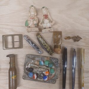 Vintage Mens Junk Drawer Lot Pocket Knife Marbles Pens Buckle Pin Lot