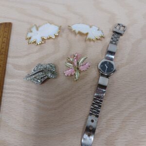 1 Vintage Bulova Ladies Wristwatch Lot β Mother of Pearl Fish Earrings, Diamond Buckle + Accessories