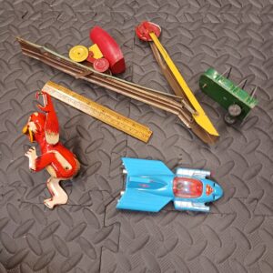 Vintage Tin Windup Monkey Superman Corgi Tin Toy Lot Junk Drawer Lot