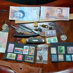 Vintage Junk Drawer Lot Coins Knives Stamps Buttons Mixed Collectibles