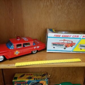 vintage Yonezawa tin fire chief car toy, made in Japan battery-operated tin toy