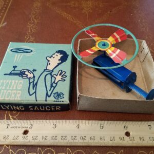 Tin flying saucer by modern toys 1950s made in Japan in box plunger tin toy lot