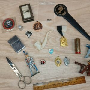 Vintage Junk Drawer Lot Mixed Items Toys Awards Scissors Zippo Lighter Pipe Estate Lot