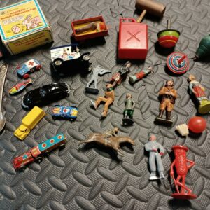 Vintage Japan Tin Toy Parts Lot Old Toy Cars Tops Wheels Junk Drawer Estate Repair