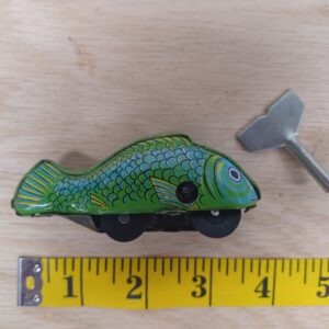 Vintage Japan Tin Windup Fish Toy Green 1950s with Key Mechanical Tin Toy Collectible