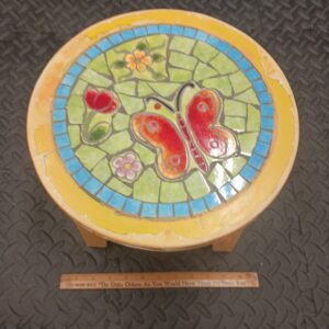 Antique Butterfly Tile Art Step Stool Wooden Bench Yellow Mosaic Tile Decor Piece