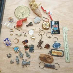 Vintage Junk Drawer Lot Cracker Jack Prizes Pins Tokens Mixed Estate Collectibles Lot