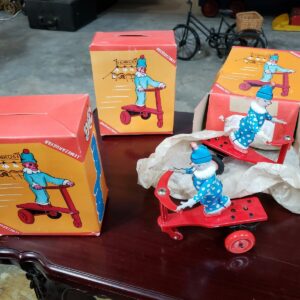 Vintage Roli Zoli Circus Clown Scooter Tin Wind Up Toy Lemezarugyar in Box Rare
