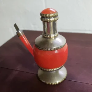 Antique Ink Well Orange Silver Glass Oil Well Style Dip Pen Inkwell Collectible Desk Set