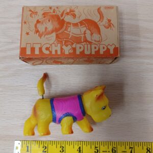 RARE Sonsco Itchy Puppy Wind-Up Toy Occupied Japan Tin & Celluloid Scotty Dog Box Works