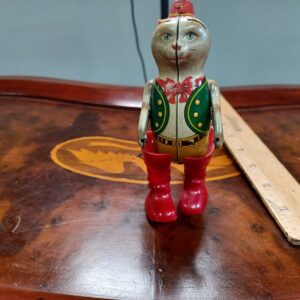 Vintage Tin Windup Puss in Boots Cat Toy Germany Ges Gesch Clockwork Tin Toy Collectible
