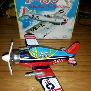 Vintage Tin Friction F-80 Jet Plane – Japan, Boxed & Working tin friction-powered F-80 jet plane, made in Japan. This classic toy