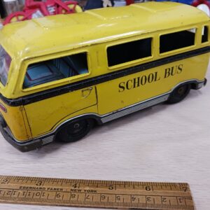 Vintage KTS Japan Tin Friction School Bus Toy Yellow Pressed Metal Bus Collectible