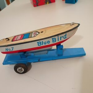 Vintage Japan Blue Bird #7 Toy Sailboat with Original Trailer – Rare Tin Litho Display Piece